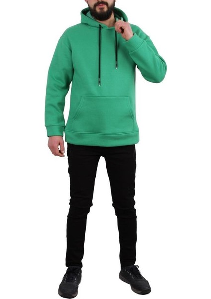 Kapşonlu Üç Iplik Şardonlu Düz Sweat - Yeşil