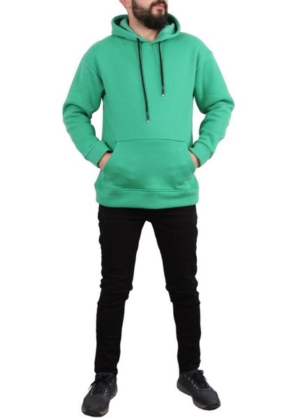 Kapşonlu Üç Iplik Şardonlu Düz Sweat - Yeşil fiyatları