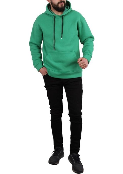 Kapşonlu Üç Iplik Şardonlu Düz Sweat - Yeşil indirimleri