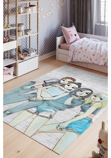 Black Pink Pamuklu Dokuma Tabanlı Yıkanabilir Dekoratif Halı