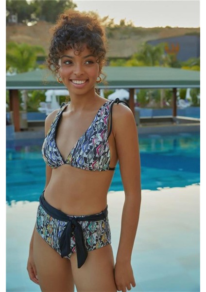 Çift Taraflı Yüksek Bel Üçgen Bikini Takım B1482 Siyah