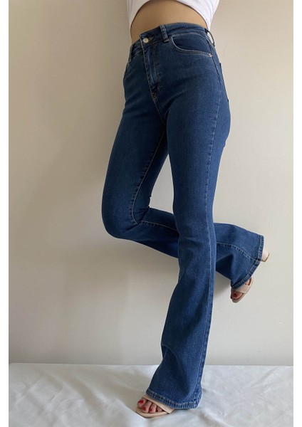 Yüksek Bel Ispanyol Paça Indigo Kadın Denim Pantolon modelleri