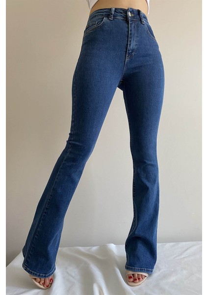 Yüksek Bel Ispanyol Paça Indigo Kadın Denim Pantolon indirimleri