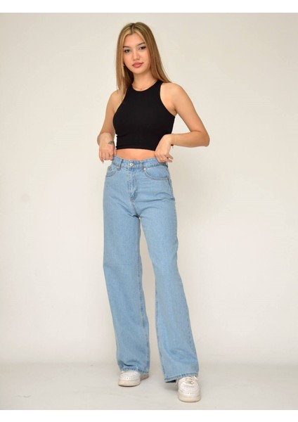 Makras Exclusive Kadın Buz Mavisi Yüksek Bel Salaş Bol Paça Yıkamalı 90’s Wide Leg Palazzo Jeans