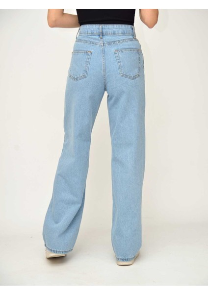 Makras Exclusive Kadın Buz Mavisi Yüksek Bel Salaş Bol Paça Yıkamalı 90’s Wide Leg Palazzo Jeans