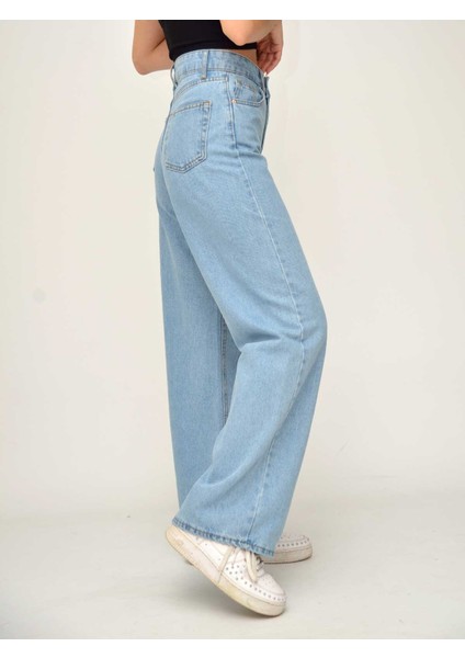 Makras Exclusive Kadın Buz Mavisi Yüksek Bel Salaş Bol Paça Yıkamalı 90’s Wide Leg Palazzo Jeans