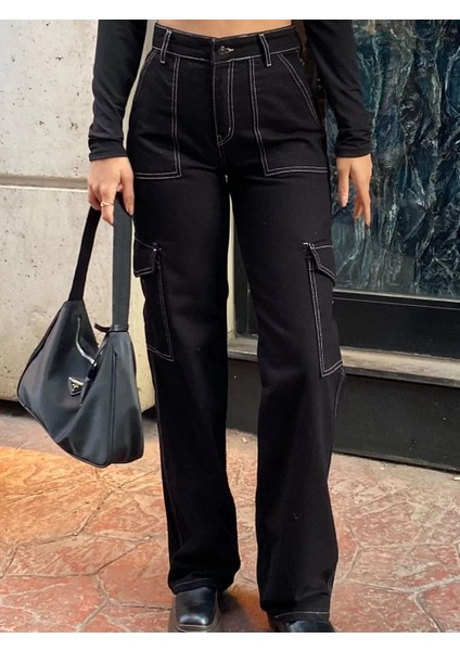 Mary Yüksek Bel Beyaz Dikişli Siyah Kargo Cep Jeans Kargo Cep Kot Pantolon( 1 Beden Büyük Alın ) fiyatları