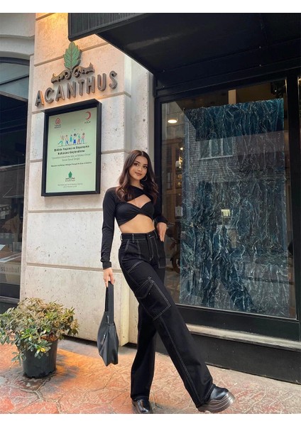 Mary Yüksek Bel Beyaz Dikişli Siyah Kargo Cep Jeans Kargo Cep Kot Pantolon( 1 Beden Büyük Alın ) modelleri