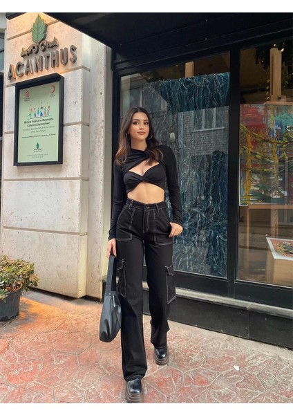 Mary Yüksek Bel Beyaz Dikişli Siyah Kargo Cep Jeans Kargo Cep Kot Pantolon( 1 Beden Büyük Alın ) fırsatları
