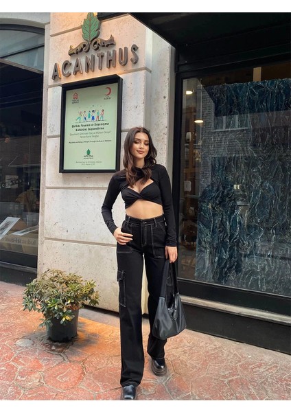 Mary Yüksek Bel Beyaz Dikişli Siyah Kargo Cep Jeans Kargo Cep Kot Pantolon( 1 Beden Büyük Alın ) indirimleri