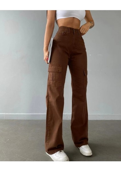 Yüksek Bel Kargo Cepli Jeans Kahverengi Kargo Cep Kot Pantolon ( 1 Beden Büyük Alın) fiyatları