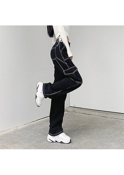 Trend Yüksek Bel Beyaz Dikişli Siyah Kargo Cep Jeans Kargo Cep Kot Pantolon( 1 Beden Büyük Alın ) fiyatları
