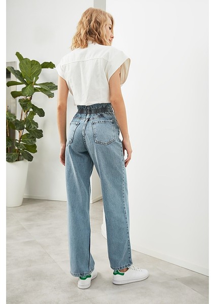 Makras Exclusive Kadın Kot Rengi Wide Leg Kalıp Beli Lastikli Yüksel Bel Jeans