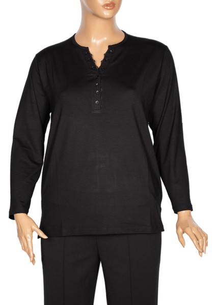 Kadın Dicle Büyük Beden V Yaka Dantelli Siyah Bluz