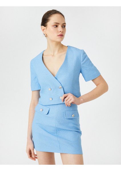 Crop Tüvit Ceket Kısa Kollu Kruvaze Düğmeli V Yaka