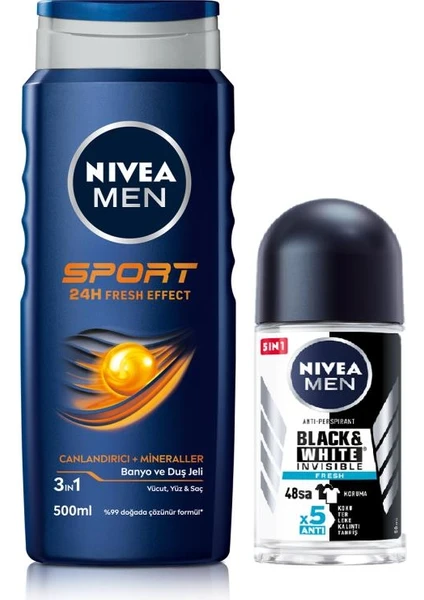 Men Sport Duş Jeli 500 ml + Invisible Black&white Fresh Erkek Roll-On Deodorant 50 ml