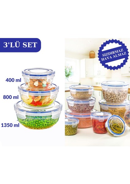 Contalı Sızdırmaz Hava Almaz Yuvarlak Saklama Kabı 3’lü Set (400ML,800ML,1350ML)