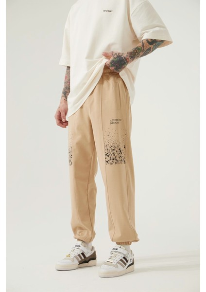 Aesthetıc Dreams Baskılı Beli Lastikli Organik Pamuklu Relaxed Jogger Eşofman Altı/beıge