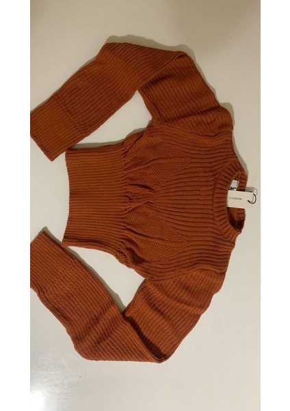 Kadın Tarçın Renk Fitilli Crop Model Kazak