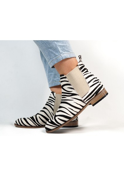 Bayan Tüylü Zebra Chelsea Bot %100 El Yapımı ve Deri