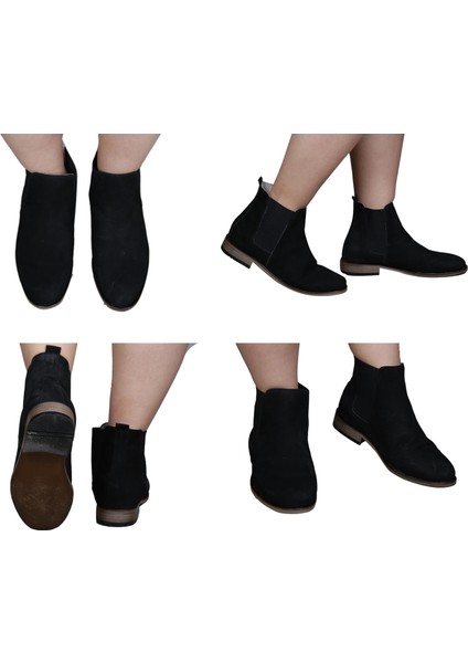 Bayan Nubuk Siyah Deri Chelsea Bot %100 El Yapımı ve Deri