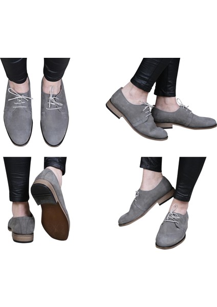 Bayan Nubuk Gri Deri Kundura %100 El Yapımı ve Deri Ayakkabı