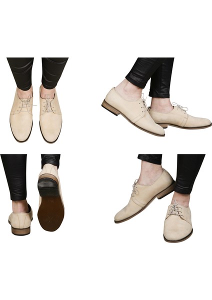 Bayan Nubuk Bej Deri Kundura %100 El Yapımı ve Deri Ayakkabı