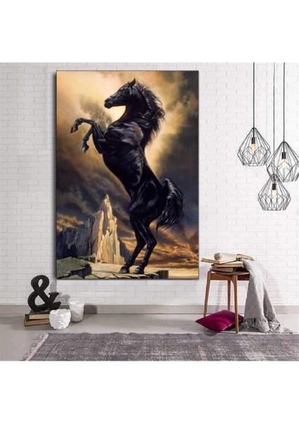Yağlı Boya Görünümlü Şaha Kalkmış Siyah At Kanvas Tablo Premium Kalite
