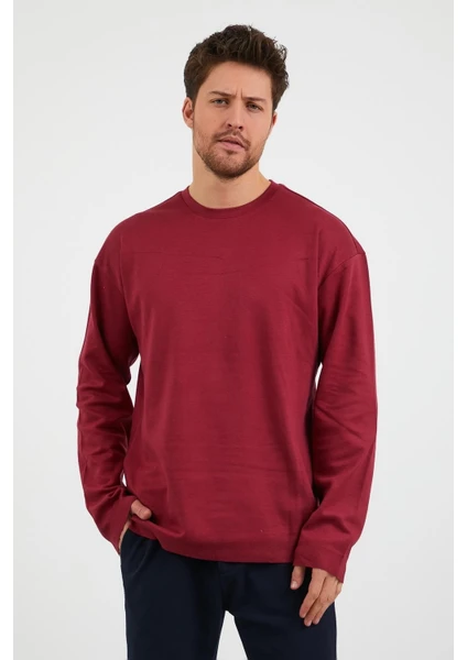 Erkek Günlük Bisiklet Yaka Rahat Oversize Spor Sweatshirt Bordo