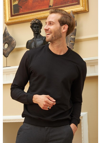 Erkek Basic Bisiklet Yaka Rahat Kalıp Düz Sweatshirt Siyah modelleri