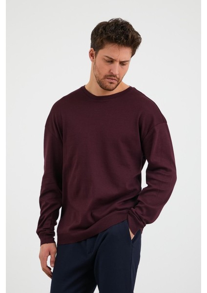 Erkek Günlük Bisiklet Yaka Rahat Oversize Spor Sweatshirt Mürdüm