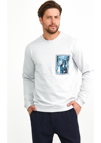 Erkek Önü Baskılı Bisiklet Yaka Spor Sweatshirt Gri