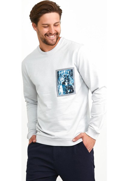 Erkek Önü Baskılı Bisiklet Yaka Spor Sweatshirt Gri
