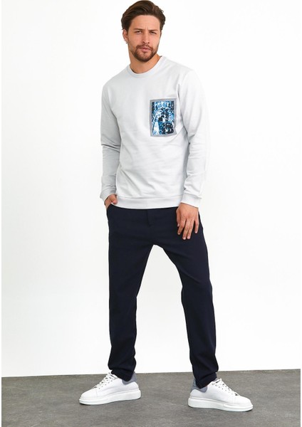Erkek Önü Baskılı Bisiklet Yaka Spor Sweatshirt Gri