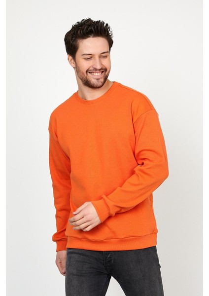 Erkek Comfort Fit Rahat Kalıp Bisiklet Yaka Basic Sweatshirt Oranj