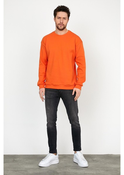 Erkek Comfort Fit Rahat Kalıp Bisiklet Yaka Basic Sweatshirt Oranj