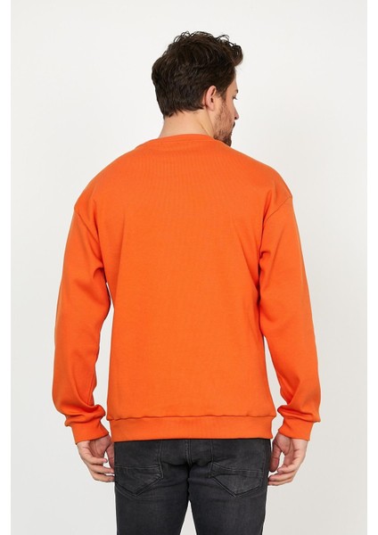 Erkek Comfort Fit Rahat Kalıp Bisiklet Yaka Basic Sweatshirt Oranj