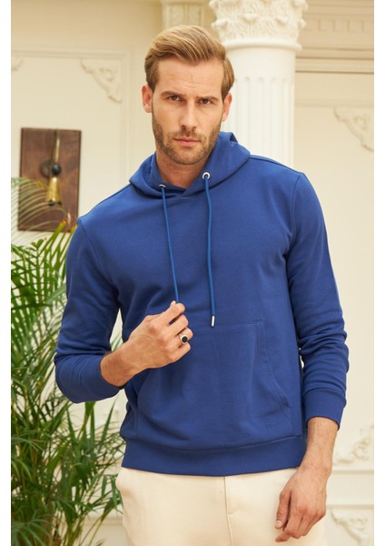 Erkek Kapüşonlu Comfort Fit Düz Sweatshirt Mavi