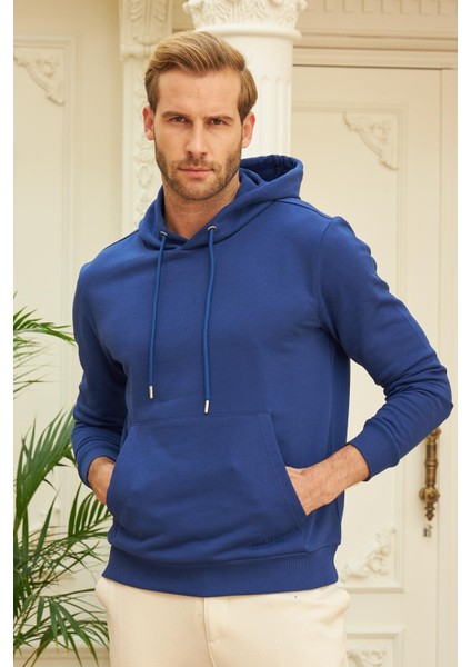 Erkek Kapüşonlu Comfort Fit Düz Sweatshirt Mavi