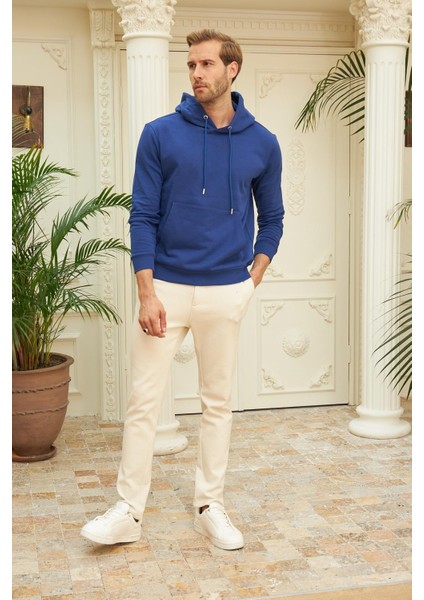 Erkek Kapüşonlu Comfort Fit Düz Sweatshirt Mavi