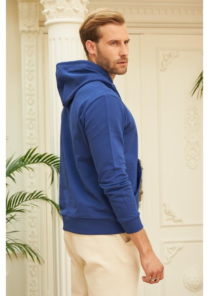 Erkek Kapüşonlu Comfort Fit Düz Sweatshirt Mavi