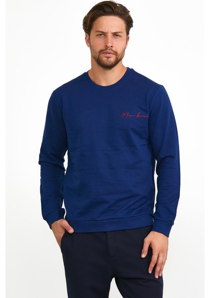 Erkek Basic Bisiklet Yaka Günlük Spor Sweatshirt Mavi