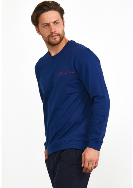 Erkek Basic Bisiklet Yaka Günlük Spor Sweatshirt Mavi