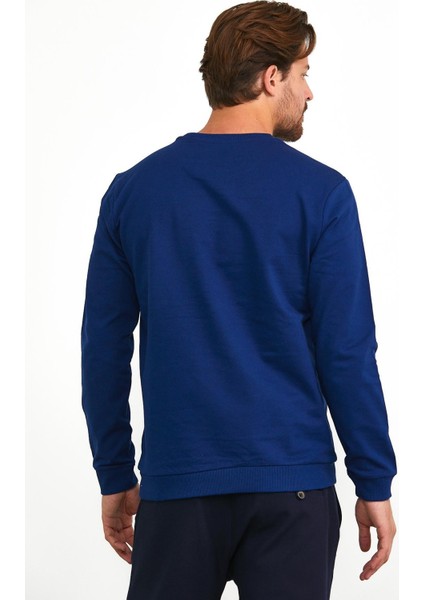 Erkek Basic Bisiklet Yaka Günlük Spor Sweatshirt Mavi