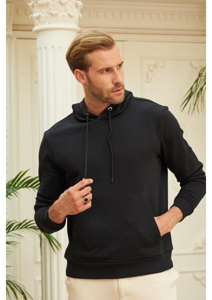 Erkek Kapüşonlu Comfort Fit Düz Sweatshirt Siyah