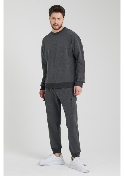 Erkek Bisiklet Yaka Oversize Sweatshirt Antrasit