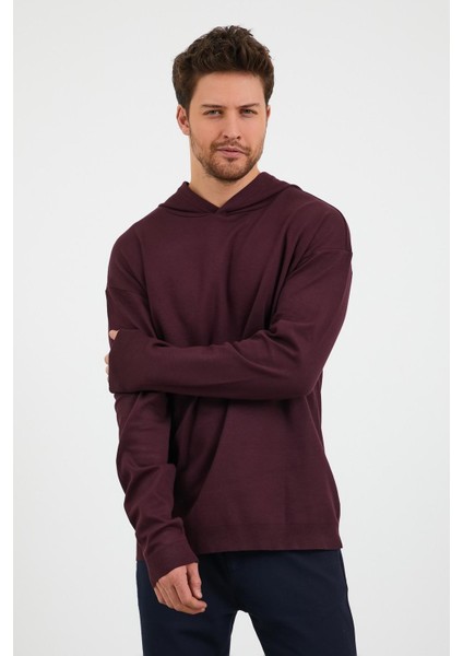 Erkek Comfort Fit Kapüşonlu Düz Sweatshirt Mürdüm