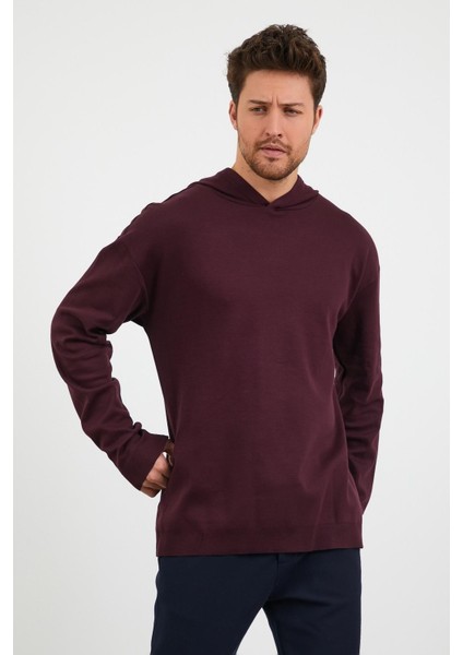 Erkek Comfort Fit Kapüşonlu Düz Sweatshirt Mürdüm