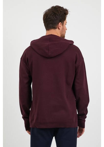 Erkek Comfort Fit Kapüşonlu Düz Sweatshirt Mürdüm