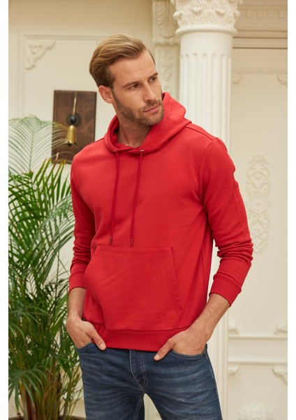 Erkek Kapüşonlu Comfort Fit Düz Sweatshirt Kırmızı